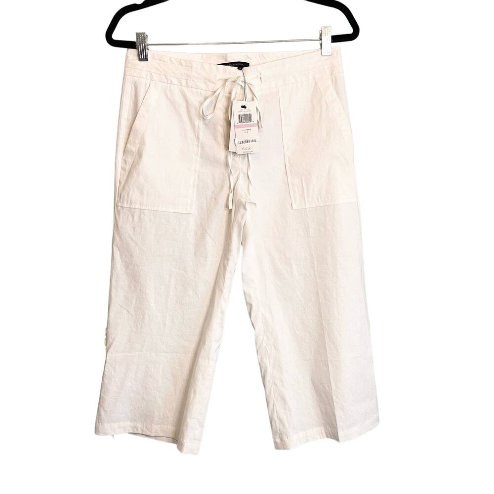 BCBG Maxazria Linen Capri Pants Womens 6 White Drew Relaxed Straight Stretch NWT